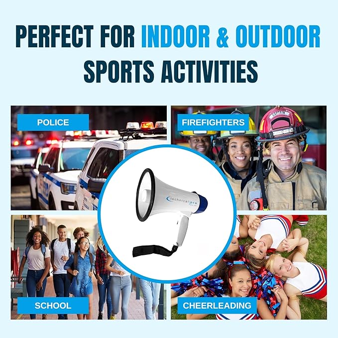 Technical Pro 20 Watts Lightweight Portable 300M Range Megaphone Bullhorn with Strap, Siren, and Volume Control, Good for Trainers, Soccer, Football, Baseball, Coaches