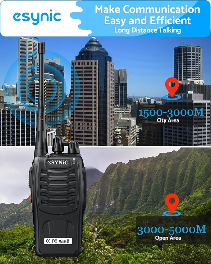 eSynic 2 Pack Walkie Talkies 5KM Long Range Walky Talky 16CH Rechargeable VOX 2 Way Radios with 2 Headsets & Belt Clips Wonderful Gifts for Kids & Adults for Camping, Hiking, Job Site & Family Use