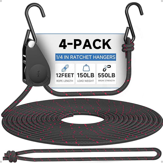 Fondwell 1/4" Tie Downs Ratchet Straps: 4-Pack Rope Hangers with Protective Soft Loops - Secure Tie Down Ratcheting for Transport