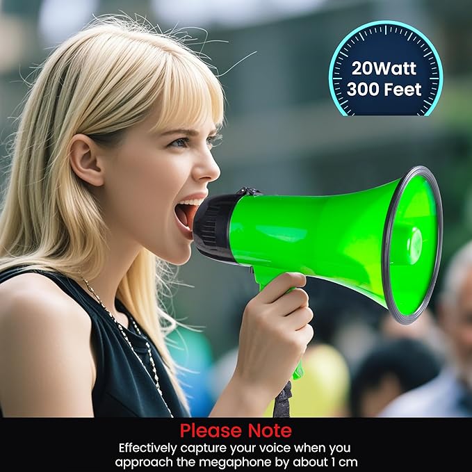 MyMealivos Portable Megaphone Bullhorn 20 Watt Power Megaphone Speaker Voice and Siren/Alarm Modes with Volume Control and Strap (Green)