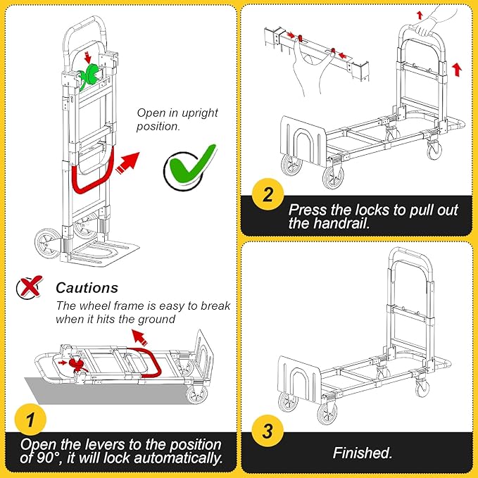 3-in-1 Aluminum Hand Truck Dolly, 600 lbs Heavy Duty Folding Trolley with Universal Wheels, Convertible Hand Truck with Tie Down Straps for Warehouse, Supermarket, Office (Black)