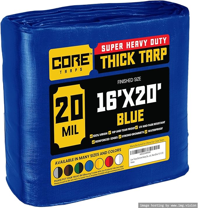 Core Tarps Extreme Heavy Duty 20 Mil Tarp Cover, Waterproof, UV Resistant, Rip and Tear Proof, Poly Tarpaulin with Reinforced Edges for Roof, Camping, Patio, Pool, Boat (Blue 16′ X 20′)