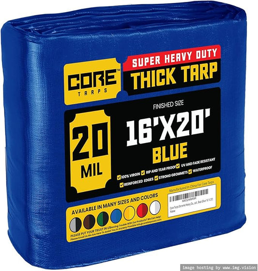 Core Tarps Extreme Heavy Duty 20 Mil Tarp Cover, Waterproof, UV Resistant, Rip and Tear Proof, Poly Tarpaulin with Reinforced Edges for Roof, Camping, Patio, Pool, Boat (Blue 16′ X 20′)