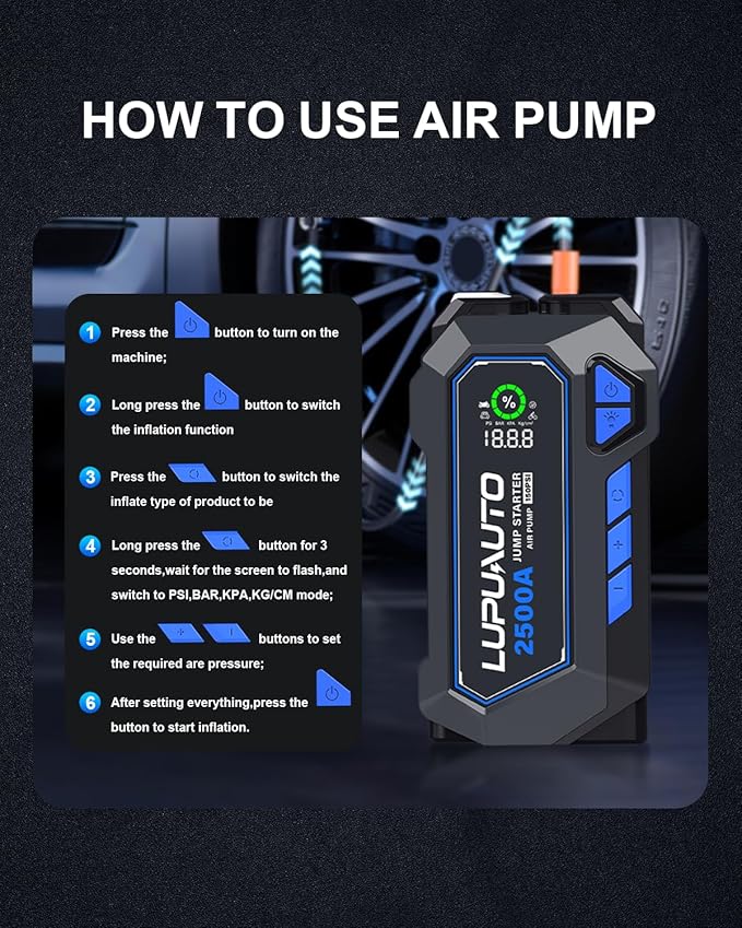 2500A Jump Starter with Air Compressor, Battery Booster 150 PSI Cordless Tire Inflator, 12V Supersafe Jump Box, Portable Car Chargers & Jump Starter for up to 7.5-Liter Gas and 5.0-Liter Diesel