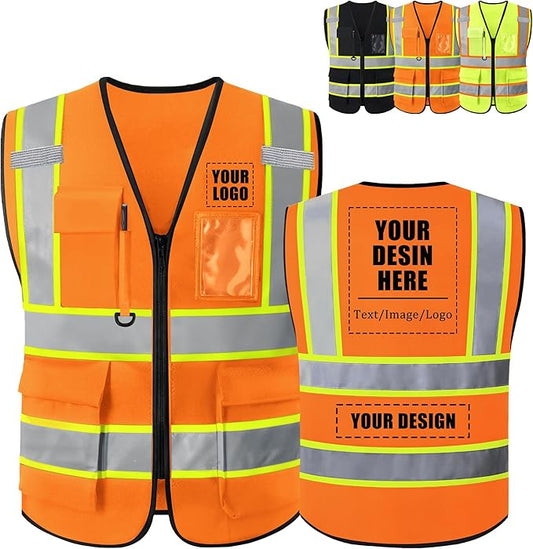 Custom Safety Vest with Logo, High Visibility Reflective Personalized Vest with Pockets and Zipper for Men Women Work