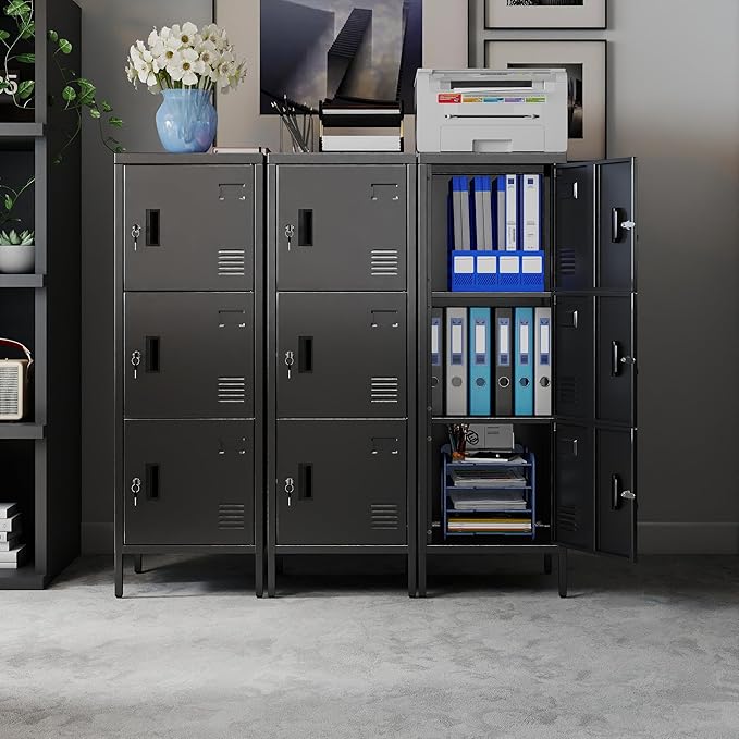 METAN Metal Storage Employees Locker with 3 Lockable Doors,47''H*16''W*16''D Locking Storage Cabinets for Small Spaces,Home,School,Gym,Assembly Required,Black