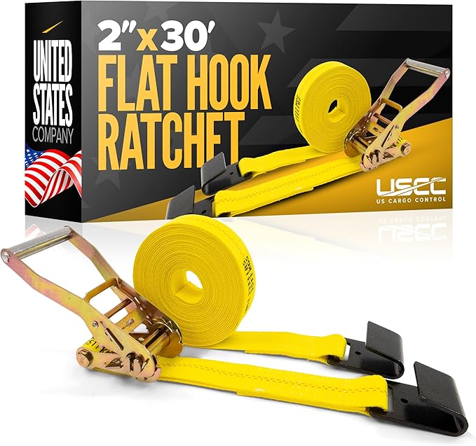 US Cargo Control Flat Hook Ratchet Strap 2 Inch X 30 Foot, 10,000 LBS Break Strength, Yellow Heavy Duty Ratchet Straps with Black Flat Hooks, Tie Downs for Flatbed Trailer