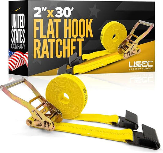 US Cargo Control Flat Hook Ratchet Strap 2 Inch X 30 Foot, 10,000 LBS Break Strength, Yellow Heavy Duty Ratchet Straps with Black Flat Hooks, Tie Downs for Flatbed Trailer