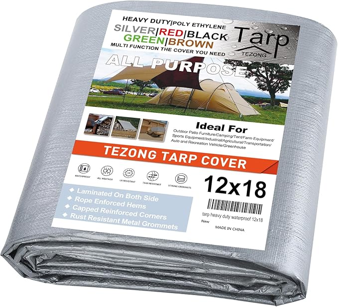 Tarp Heavy Duty Waterproof 12x18ft,TEZONG Silver Plastic Tarp 12Mil Outdoor Tarpaulin Cover for Emergency Rain,Patio Furniture,Wood,Roof,Camping,Car,Pool