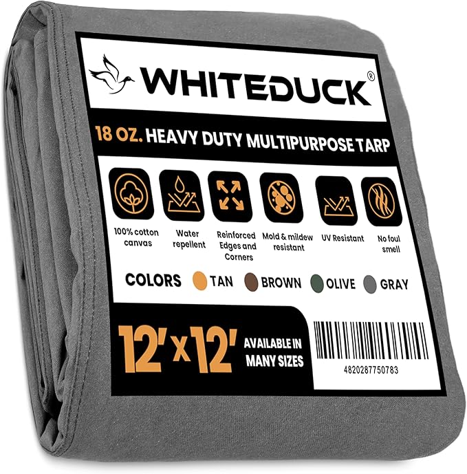 WHITEDUCK 12'x12' Canvas Tarp 18 oz/37 Mil Heavy Duty Waterproof UV Resistant, Rustproof Grommets, Industrial & Commercial Use Cloth Tarp (Finished Size: 11'6"x11'6", Grey)