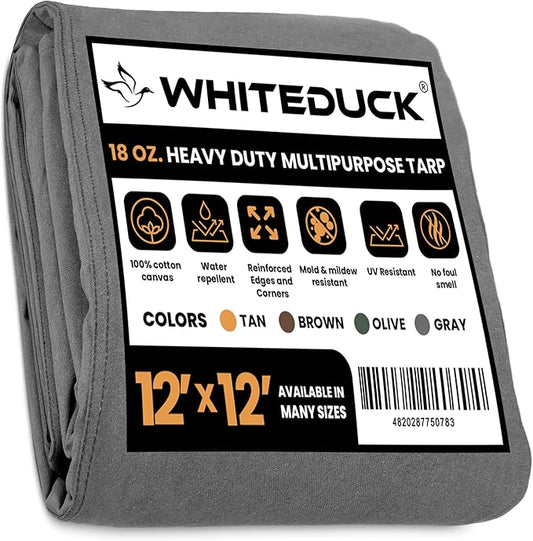 WHITEDUCK 12'x12' Canvas Tarp 18 oz/37 Mil Heavy Duty Waterproof UV Resistant, Rustproof Grommets, Industrial & Commercial Use Cloth Tarp (Finished Size: 11'6"x11'6", Grey)