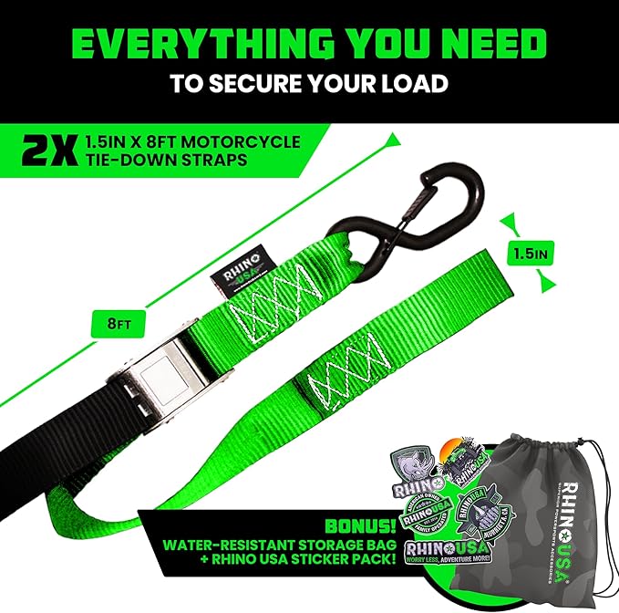 Rhino USA Motorcycle Tie Down Straps (2 Pack) Lab Inspected 2,200lb Break Strength, Steel Cambuckle Tiedown Set with Integrated Soft Loops - Better Than a Ratchet Strap (Green 2-Pack)