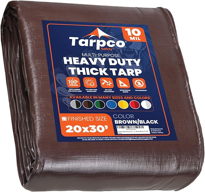Tarpco Safety Heavy Duty 10 Mil Tarp Cover, Waterproof, UV Resistant, Rip and Tear Proof, Poly Tarpaulin with Reinforced Edges for Camping, Roof, Patio, Pool, Boat. (Brown/Black 20′ X 30′)