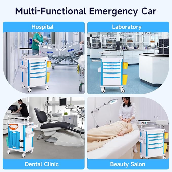 Medical Carts with Wheels, 5-Tier Storage, Adjustable IV Pole, Silent Casters, Trash Bins, O2 Holder, Needle Disposal Holder & CPR Board, Rolling Medical Cart for Hospital Salon Lab Clinic