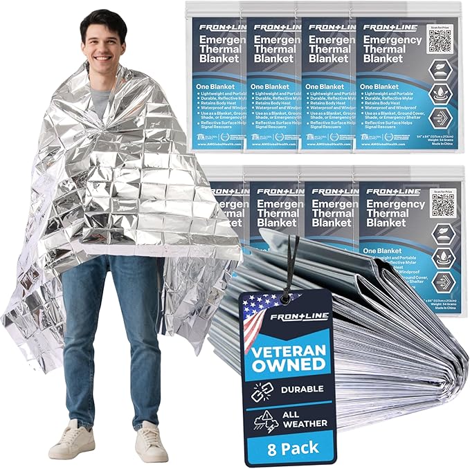 FRONTLINE Emergency Thermal Blankets Large 54" x 84" Mylar Blankets Survival Gear Camping Gear Emergency Space Blanket First Aid for Survival (8)