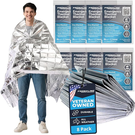 FRONTLINE Emergency Thermal Blankets Large 54" x 84" Mylar Blankets Survival Gear Camping Gear Emergency Space Blanket First Aid for Survival (8)