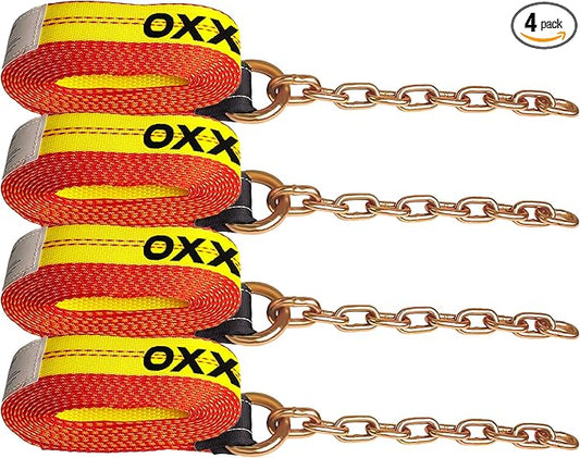 2" x 16' Replacement Tie Down Straps with Chain Tail,4-Pack,Heavy-Duty Car Trailer Straps for 8-Point Tie Down Kits – Extension Strap for Vehicle Transport, Flatbeds & Trailers