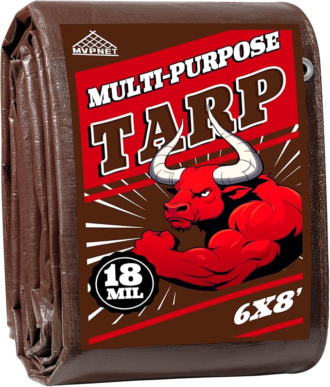 Tarp 6x8FT, 18 Mil Heavy Duty Large Tarps, 100% Waterproof Tarp, UV Resistant, Brass Grommets and Reinforced Edges.Brown Tarps Suitable for Courtyards, Cars, Camping, Gardens, Pet Nests -by Mvpnet