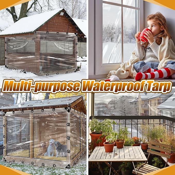 6.6x10ft Clear Tarp Heavy Duty Waterproof for Patio Winterizing - 5 mil Anti-Tear Snowproof & Windproof Clear Plastic Tarps with Grommets for Winter Garden Patio Enclosure Chicken Coop