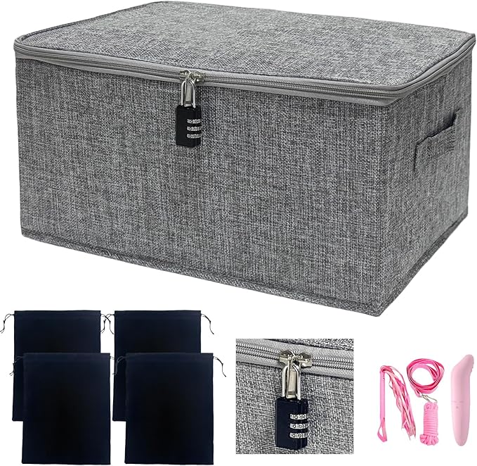 Locking Game Toy Storage Organizer Lock Box Toy Storage Bins Game Toys Storage Bags with 4 Drawstring Bags, Large capacity 16 x 11.8 x 8.2 Inches (Gray)