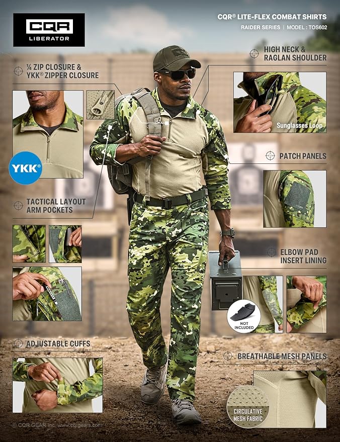 CQR Men's Combat Shirt Tactical 1/4 Zip Long Sleeve Military BDU Shirts Camo EDC Top with Pockets