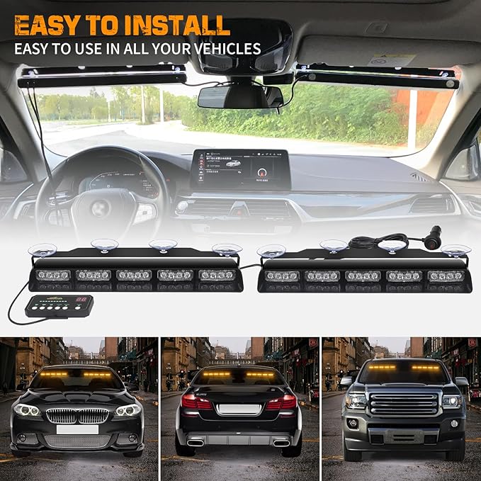 XRIDONSEN 2x 17 inch Emergency Dash Amber Strobe Lights for Trucks Interior Front/Rear Windshield Lights 40 LED Safety Flashing Warning Hazard w/Display Controller for Construction Vehicles SUV Car