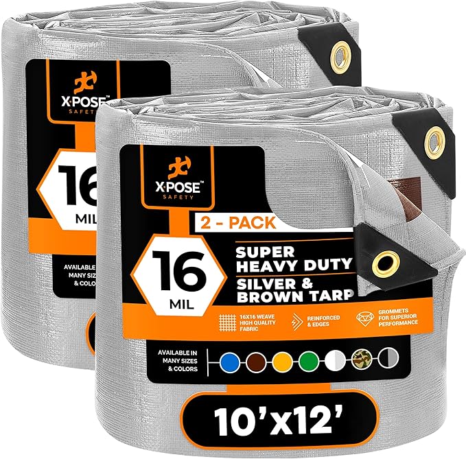 Xpose Safety Super Heavy-Duty 10' x 12' Silver/Brown Poly Tarp (2-Pack) - 16 Mil Waterproof & UV Resistant, Rip-Proof with Reinforced Edges & Grommets