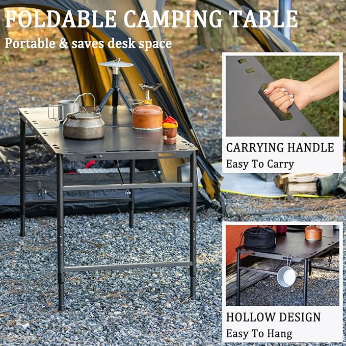 SoloWilder Foldable Camping Table with Gas Struts 3'5" Outdoor Portable Table 19" - 24" Height Adjustable Carbon Steel Lightweight Camping Table 12lb
