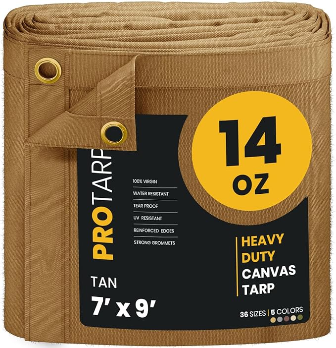 PROTARP Heavy Duty 14 OZ Water Resistant Canvas Tarp, UV Resistant Tarpaulin Cover with Rustproof Brass Grommets, Multipurpose for Canopy, Roof, Camping, Woodpile (Tan 7'X9')
