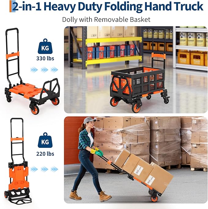 Folding Hand Truck, 330 LB Heavy Duty Dolly Cart with Foldable Basket, Foldable Hand Truck with Bungee Rope, Rubber Wheels and Retractable Handle for Luggage, Travel, Moving, Office