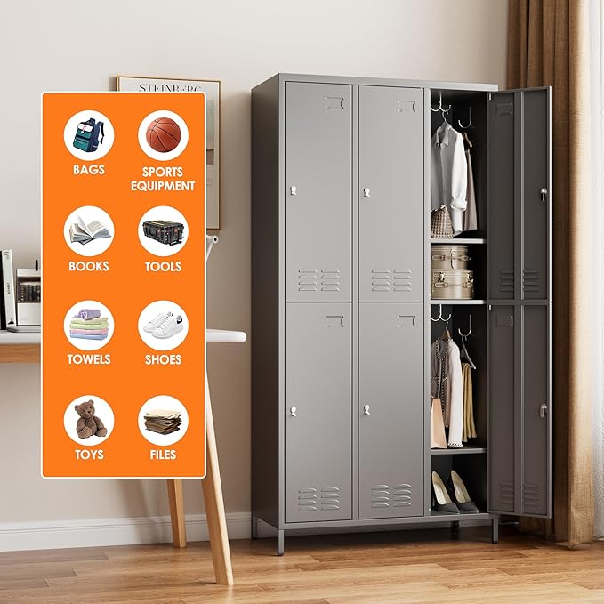 6 Doors Metal Lockers for Employees with 18 Hooks, Metal Employes Lockers with Ventilation Holes for School Garage Office Gym Home,Assembly Required,Dark Grey