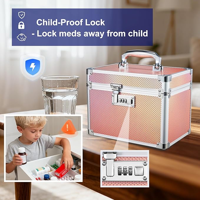 Adazzo Lockable Storage Box, Cabinet Safe Case Organizer with Combination Lock for Medications and Small Valuables, 10 x 7 x 9 Inches, Shiny Gold