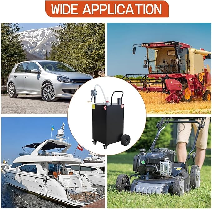 50 Gallon Fuel Caddy With Wheels - Heavy Duty Steel Gas Can With Hand Pump - Portable Fuel Transfer Tank for Gasoline, Diesel, Kerosene - Wide Mouth Design for Construction, Farm, ATV, Generator