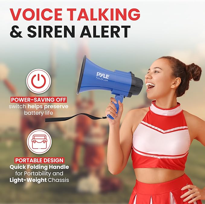 Pyle Compact Battery-Operated Megaphone with Siren - 30 Watt Power, Microphone, 2 Modes, PA Sound, Bullhorn, Foldable Handle for Cheerleading, Police Use (Blue)
