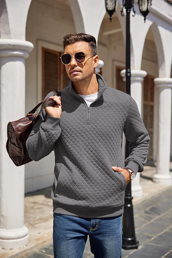 COOFANDY Mens Quarter Zip Pullover Quilted Sweatshirt Knit Long Sleeve Mock Neck Sweater Polo with Pocket