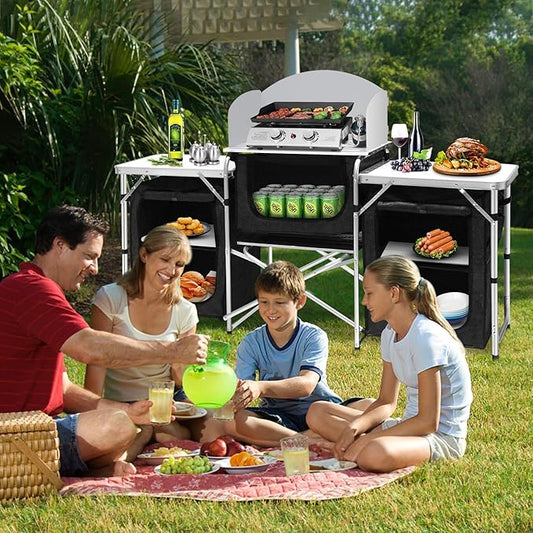 Seeutek Camping Kitchen Table, Aluminum Portable Outdoor Cooking Table Foldable Camp Table with Windscreen and 3 Storage Cupboards Multifunctional for BBQ, Party, Picnics & Outdoor Activities Black