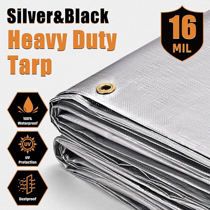 10x10FT Waterproof Tarp, Yumatum 16 Mil Heavy Duty Tarps with Reinforced Edges/Brass Grommets, 100% UV Blocking/Tear Resistant Poly Tarp for Camping, Patio, Tent, Boat(Silver/Black)