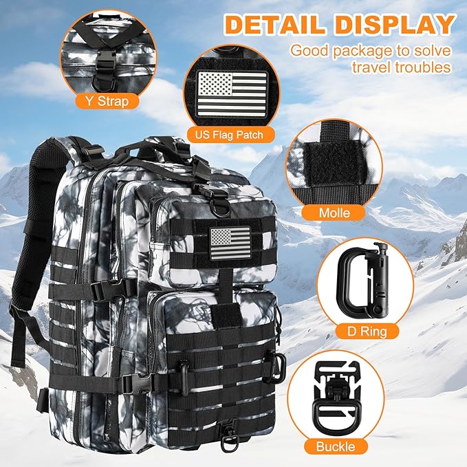 MOLLE Assault Backpack, Tactical Backpack Military Army Camping Rucksack, 3-Day Pack Trip w/USA Flag Patch, D-Rings, Black White camo