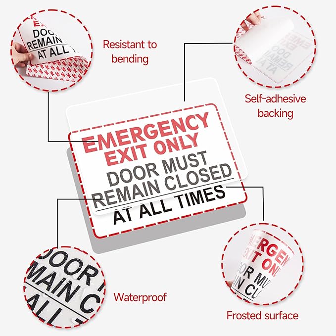 Emergency Exit Only Signs Sticker，Self Adhesive UV, Weather, Scratch, Water & Fade Resistant Door Must Remain Closed At All Times sign for Business, Schools, Offices, Storage Rooms, Hospitals