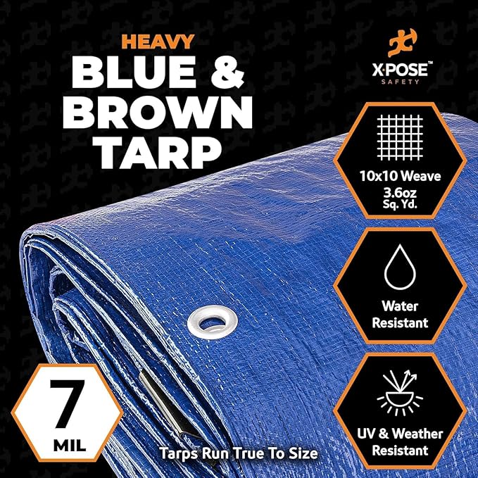 Heavy Blue & Brown Tarp 12' x 16'- Bulk Half Pallet (140 Pack) Weatherproof, Camping, Rain, Wind & Sun - 7 Mil Plastic Tarp Outdoor Cover for Roof, Trailer, RV, Car, Boat - by Xpose Safety