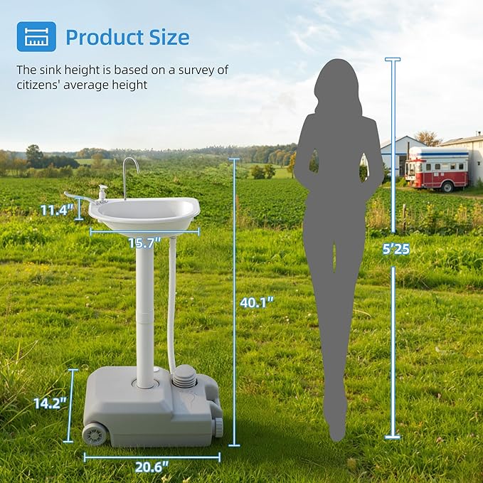 Portable Sink Camping Hand Washing Station, 20L Wash Basin Stand with Rolling Wheels, Soap Dispenser, Towel Holder, Handle for Garden, Outdoor, Travel, Boat, Gathering, Worksite
