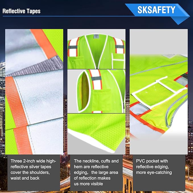 SKSAFETY 10 Pockets Safety Vest, Class 2 High Visibility Security with Zipper Double-sided mesh, Hi Vis Vest with Reflective Strips, ANSI/ISEA Standard, Construction Work Vest （Lime, XL）