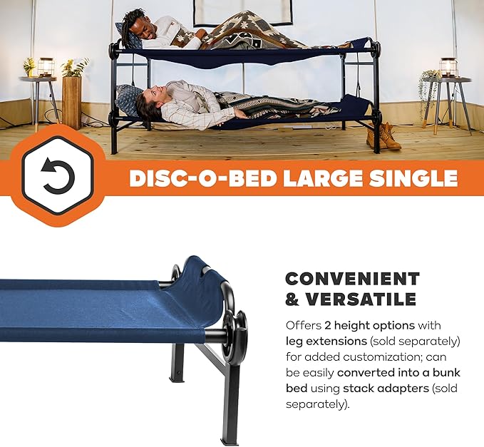 Disc-O-Bed Large Outdoor Modular 1 Person Single Camping Cot Portable Bed for Adults, Sleep Solution for Tents, Navy