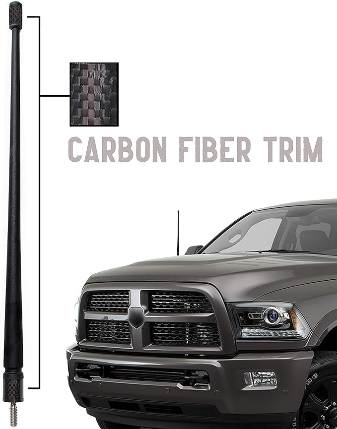 Votex - The Spartan - 13 3/4 Inch Rubber Antenna fits Dodge Ram 1500 | 2500 | 3500 (2009-2024) Accessories - USA Stainless Steel Threading - Black Carbon Fiber Trim - Tuned Internal Copper Coil