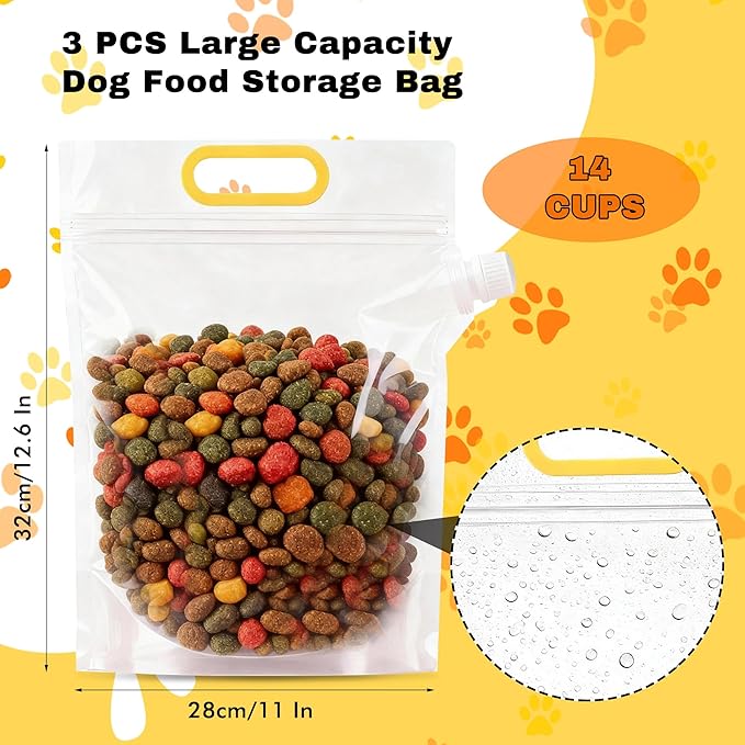 3-Piece Pet Food Storage Bags for Travel, Airtight & Portable Travel Dog Food Containers, Transparent Bags for Camping, Dog Boarding & Outdoor Trips (14 Cups)
