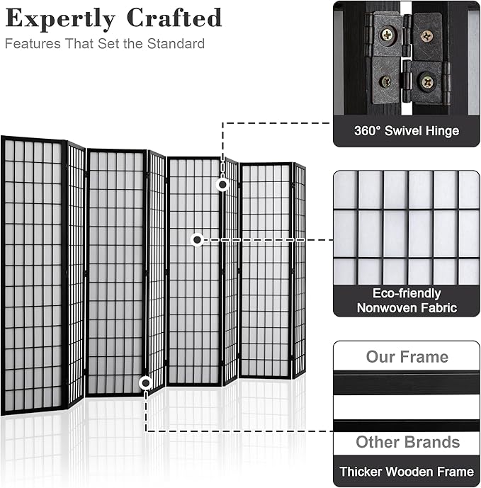 WelFurGeer 8 Panel Shoji Screen Room Divider, Folding Privacy Screens, Room Partitions and Dividers, Decorative Room Dividers, Wall Dividers for Room Separation, Japanese Room Divider for Home (Black)