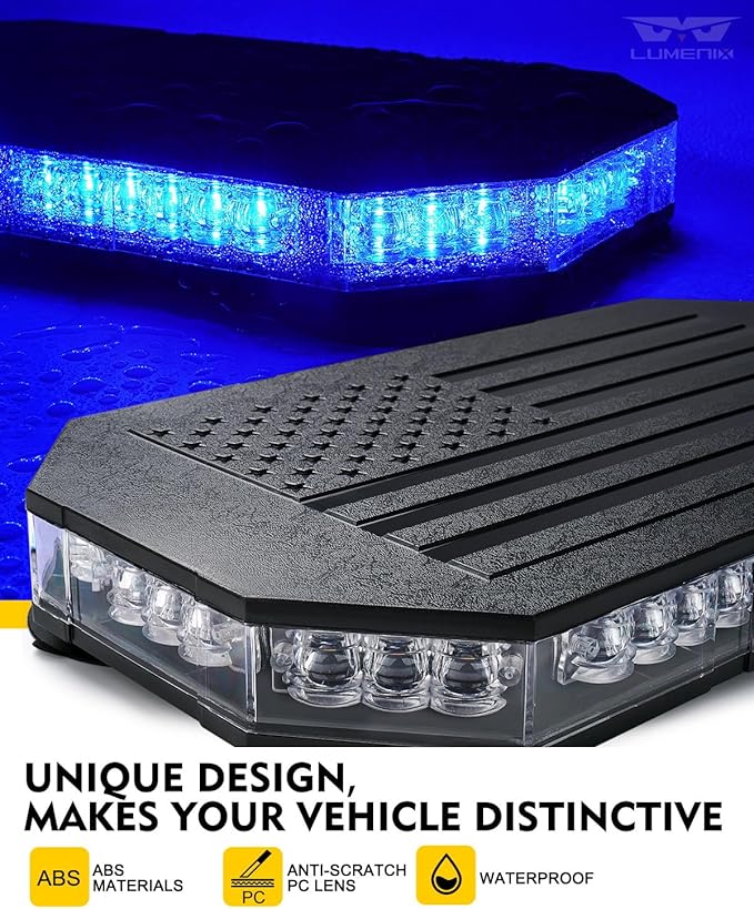 LUMENIX Blue LED Rooftop Strobe Beacon Police Lights Magnetic Mount Emergency Security Caution Flashing Traffic Light Bar for Volunteer Firefighter First Responders Vehicles Trucks - Patented Design