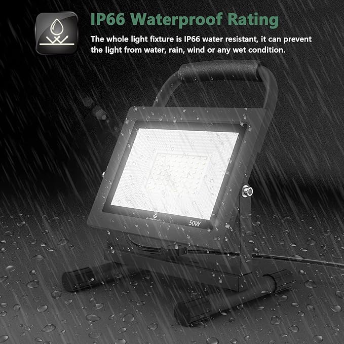 GLORIOUS-LITE 50W LED Work Light, 5000LM LED Flood Lights, 400W Equivalent, IP66 Waterproof, 16ft 5m Cord with Plug, 6500K, Adjustable Working Lights for Workshop Garage, Construction Site