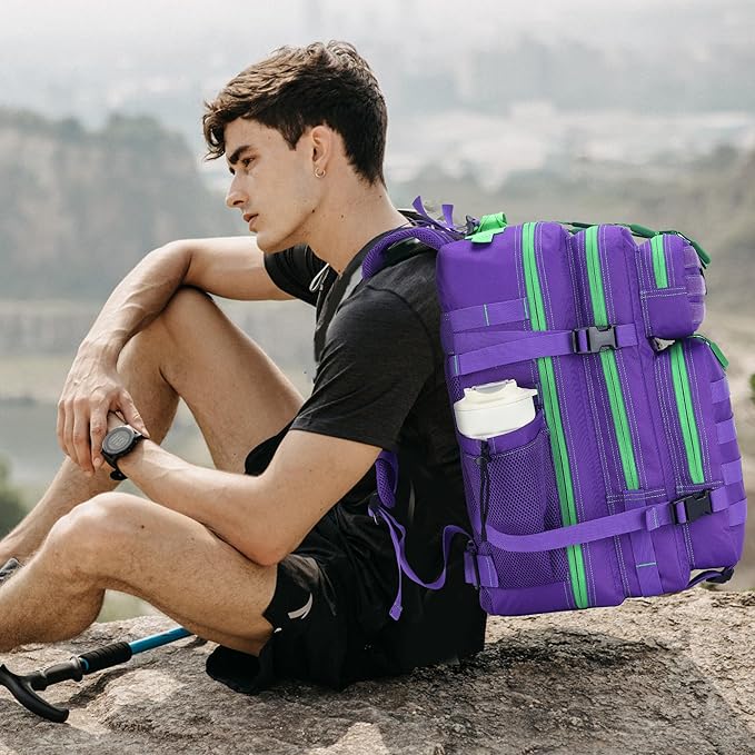 45L Tactical Assault Backpack 3 day assault pack with Molle Waterproof backpack Rucksack for Tactical Backpacks (Purple Green)
