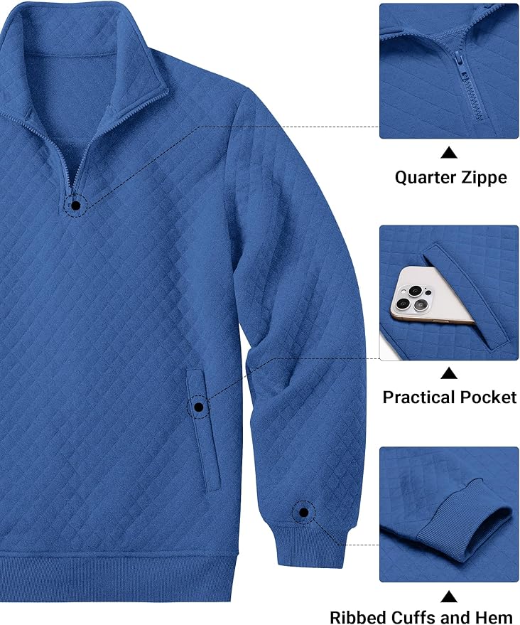 COOFANDY Mens Quarter Zip Pullover Quilted Sweatshirt Knit Long Sleeve Mock Neck Sweater Polo with Pocket